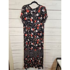 Lola P. Women's Black Floral Rayon V-Neck‎ Short Sleeve Maxi Dress Size Medium